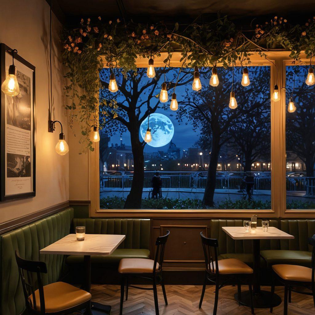 A mesmerizing, moonlit scene depicting a literary café with an open book revealing verses from Akhmatova, surrounded by elegant silhouettes of couples in deep conversation. Subtle hints of passion and desire are illustrated through soft lighting and shadows, while delicate floral motifs weave through the design. The atmosphere is infused with an air of mystery and romance. surrealism. rich colors. dreamy background.