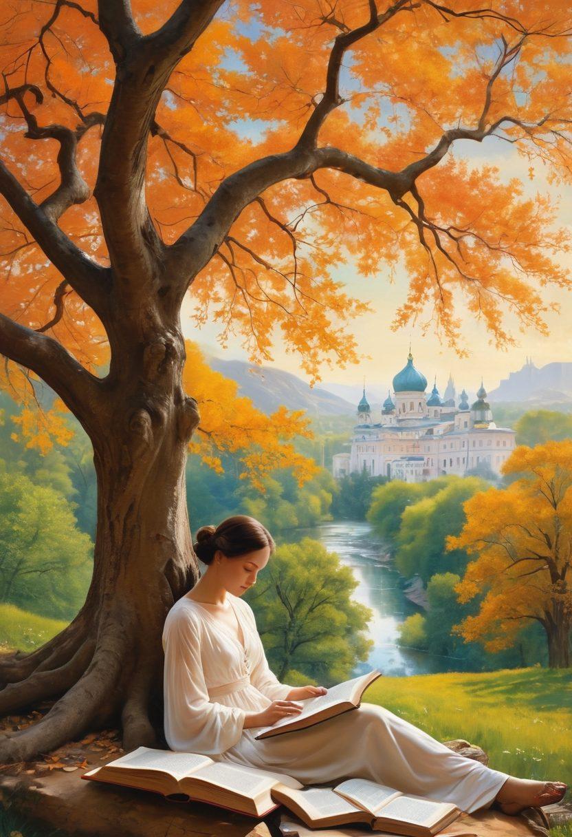 A visually striking collage showcasing the juxtaposition of classical literature and modern adult themes, featuring a serene figure reading a book beneath a tree, with ethereal, dreamlike visuals of suggestive, flowing imagery intertwined with the text. The background includes subtle hints of Russian architecture to nod to Akhmatova's heritage. The color palette should be rich and deep to evoke both passion and intrigue. super-realistic. vibrant colors. ethereal ambiance.